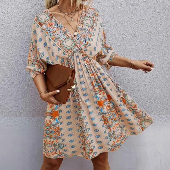 Boho Green Floral Print Ruffle Sleeve Mini Dress Cottagecore - Picture 8 of 13